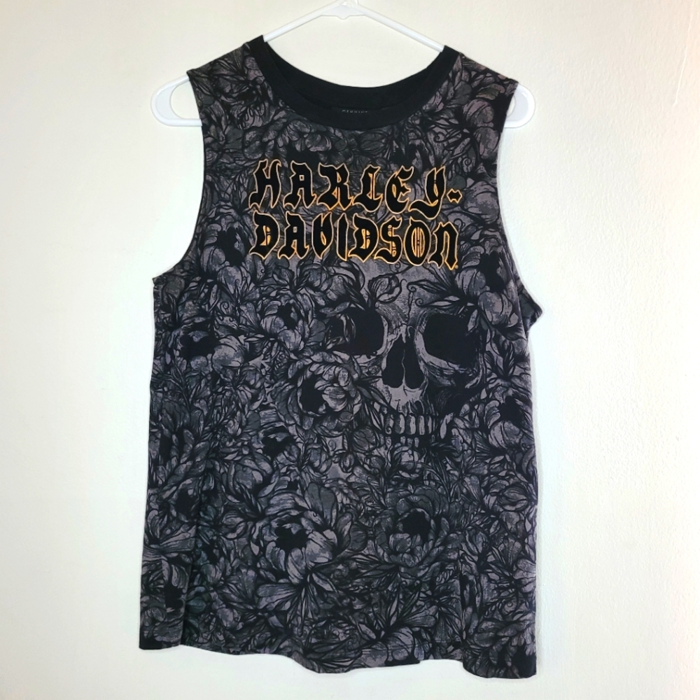 Harley Davidson Skull Tanl Print All Over Women's Black Large Sleeveless Biker